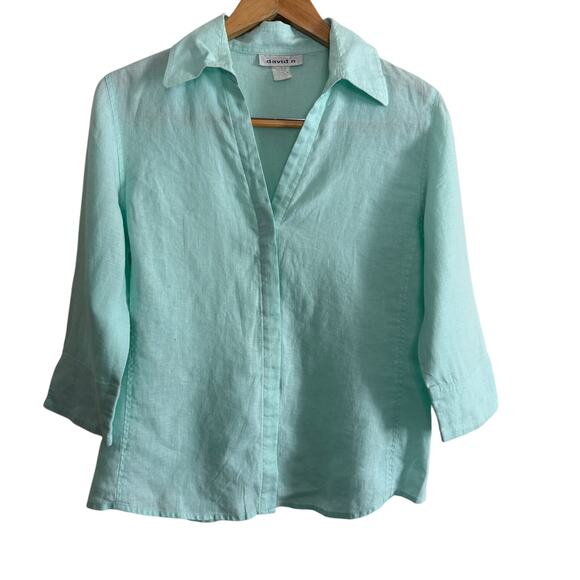 DAVID N | 100% Linen Sea Foam Green Button down 3/4 Sleeve Shirt | Medium - Picture 1 of 8